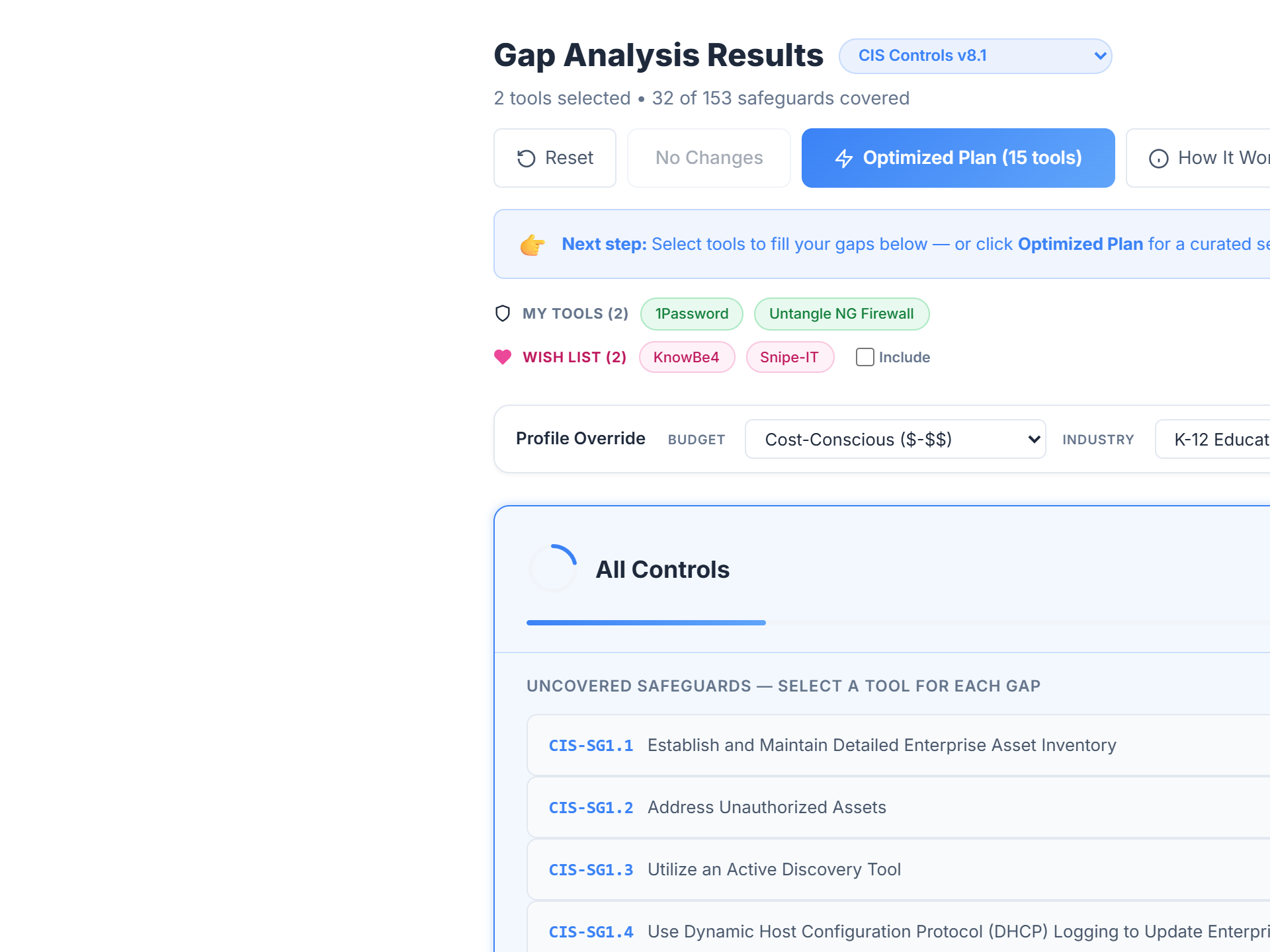 Gap Optimization dashboard: tier cards with progress rings, uncovered safeguards list, selected-tools chips