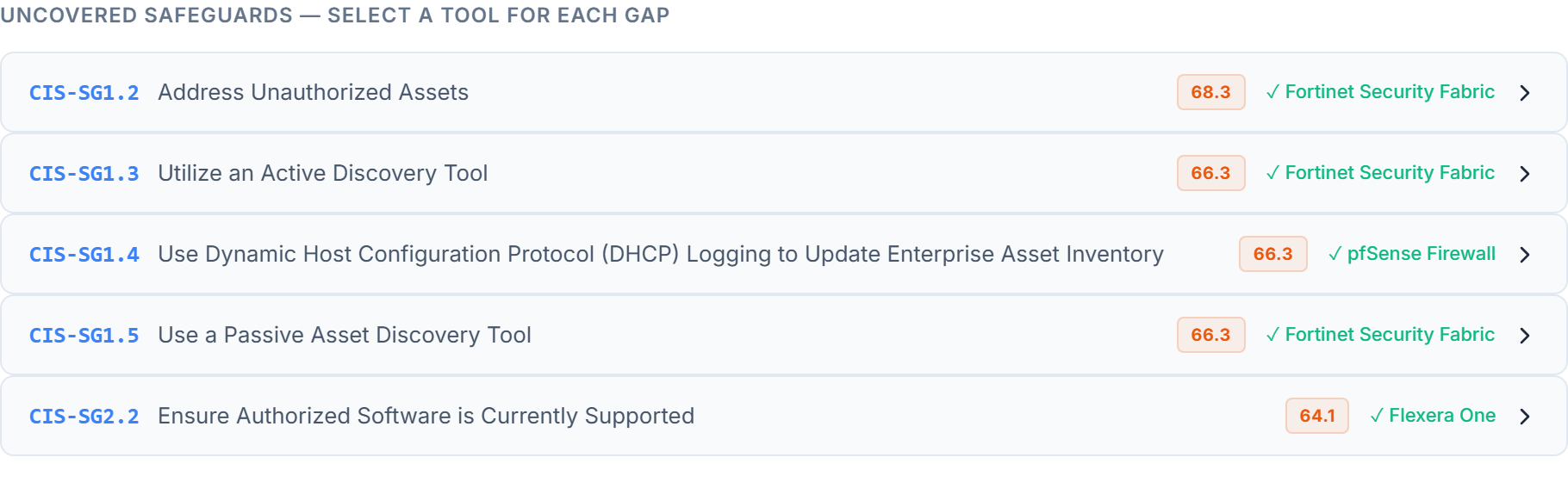 Multi-select in action: a gap row with multiple selected tools and a cross-coverage indicator on another row