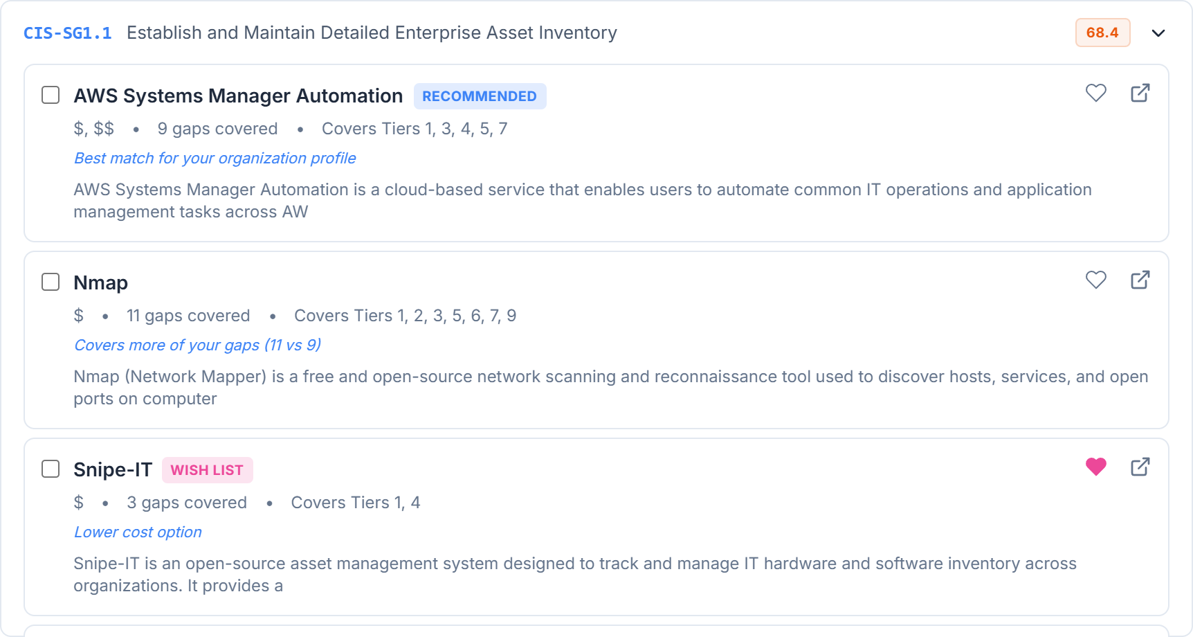 Expanded gap row with the top-ranked recommended tool, rationale, and alternative tool options