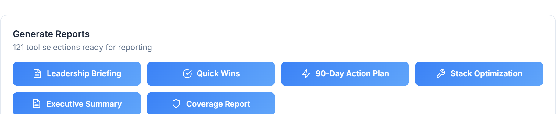 Generate Reports section with six report tiles